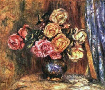 roses in front of a blue curtain flower Pierre Auguste Renoir Oil Paintings